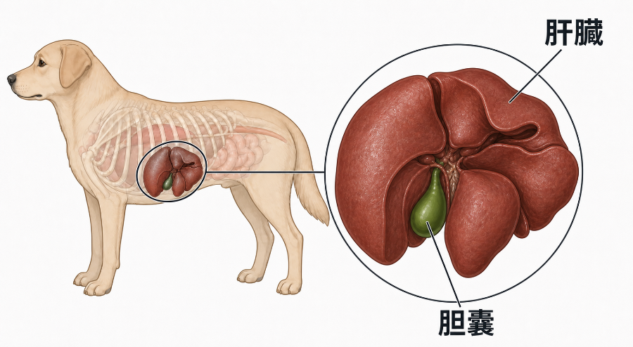 犬の肝臓と胆嚢の位置関係を示すイラスト