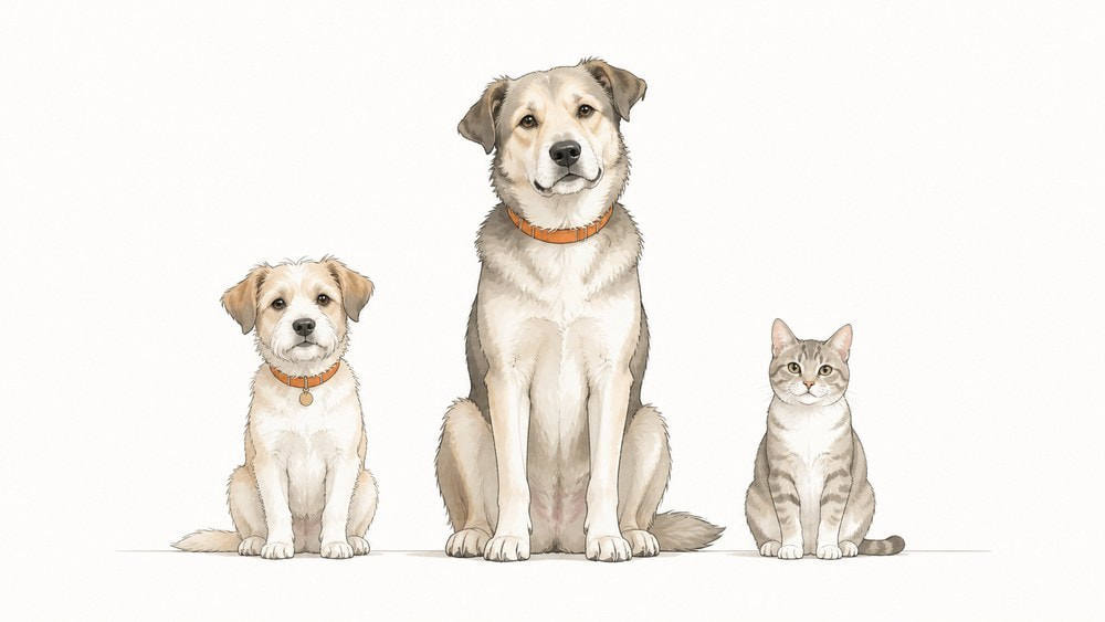  体格の異なる小型犬・大型犬・猫