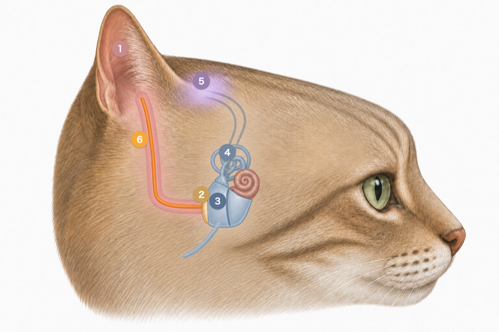 猫の頭部側面のイラストに、耳の内部構造を透過的に重ねた模式図。耳介から始まる外耳道は顎に近い低い位置までほぼ垂直に長く伸び、そこで短く曲がって鼓膜に至る(オレンジ色は内視鏡が届く範囲