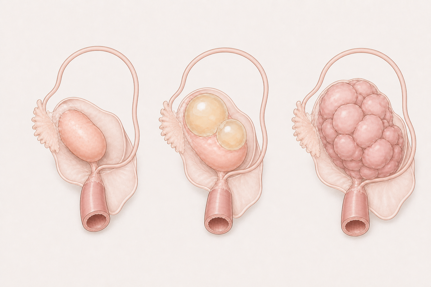 正常な卵巣・卵巣嚢腫・卵巣腫瘍の比較イラスト