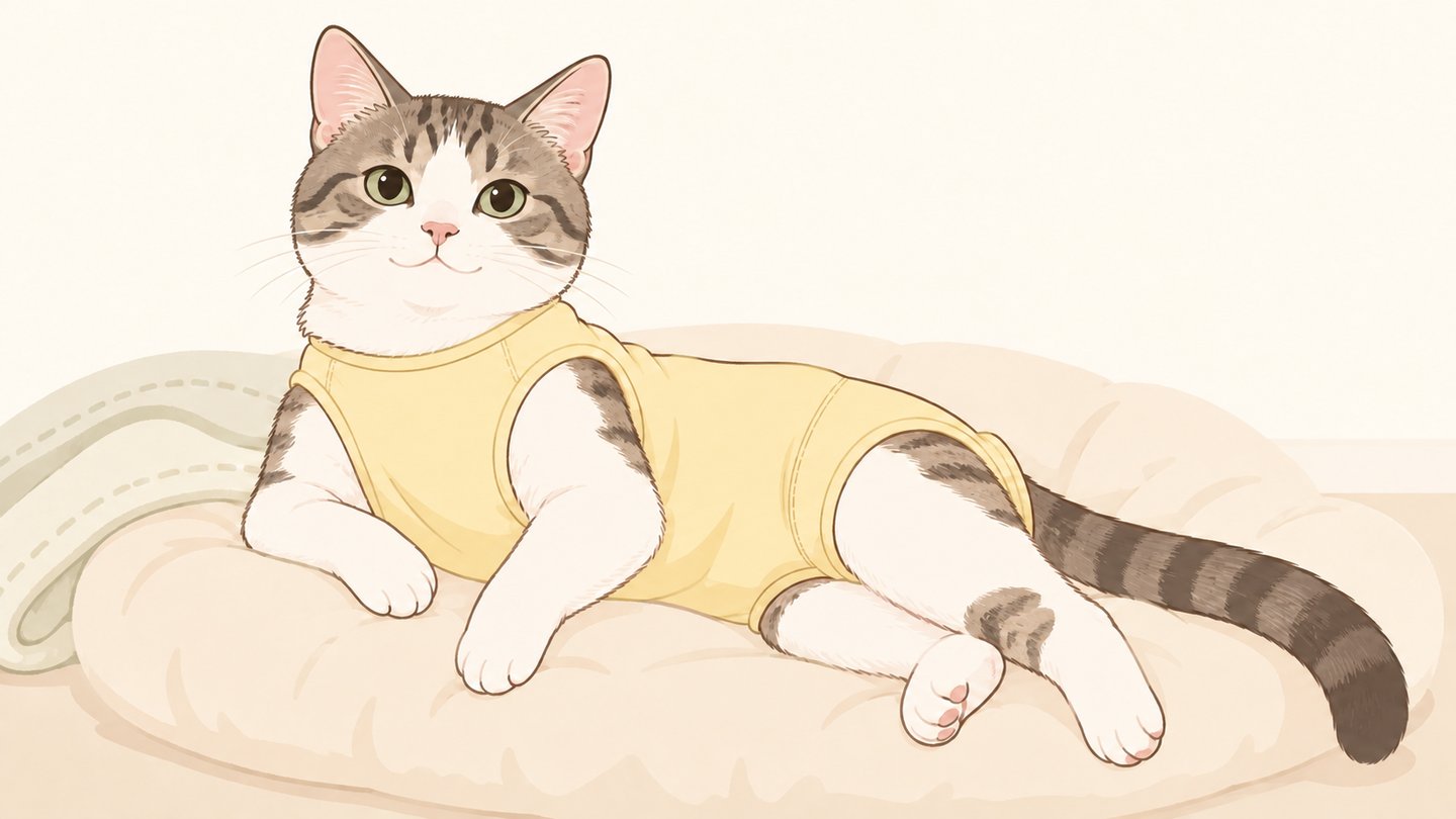 術後服（エリザベスウェア）を着た猫のイラスト
