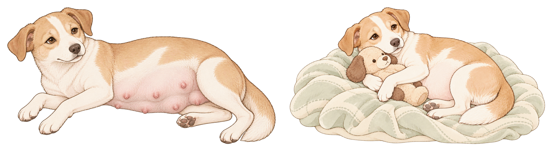 偽妊娠で乳腺がふくらんだ犬と、巣でぬいぐるみを抱く犬のイラスト